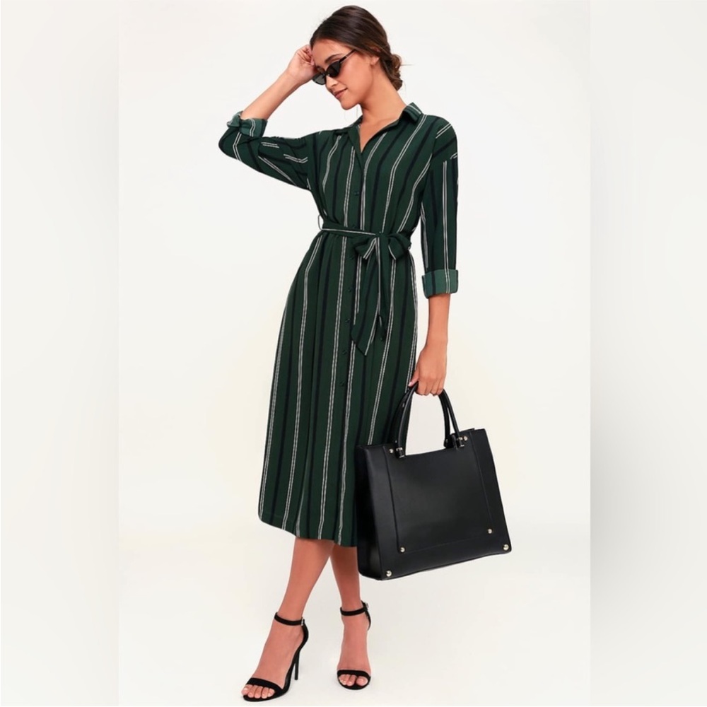 Lulus x Lush | Good News Dark Green Striped Midi Shirt Dress